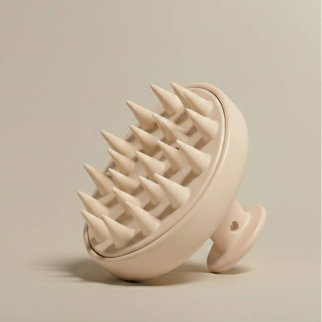 Beige scalp massager with spike-like projections on a beige background